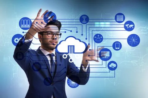 Cloud computing concept with woman pressing buttons 스톡 사진