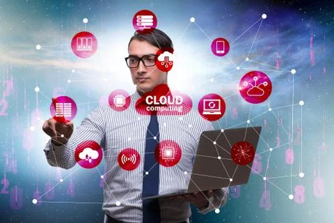 Cloud computing concept with woman pressing buttons Foto stock