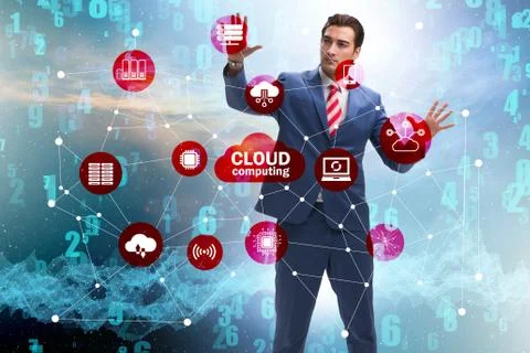 Cloud computing concept with woman pressing buttons Foto stock