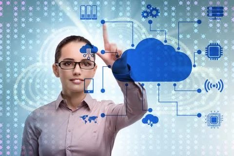 Cloud computing concept with woman pressing buttons 스톡 사진