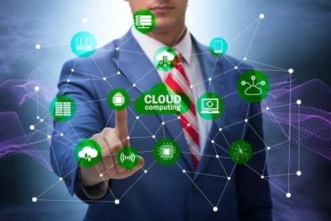 Cloud computing concept with woman pressing buttons 库存照片