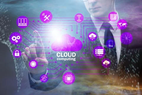 Cloud computing concept with woman pressing buttons 스톡 사진