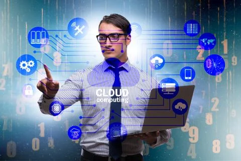Cloud computing concept with woman pressing buttons Foto stock
