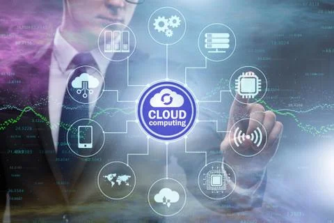 Cloud computing concept with woman pressing buttons 스톡 사진