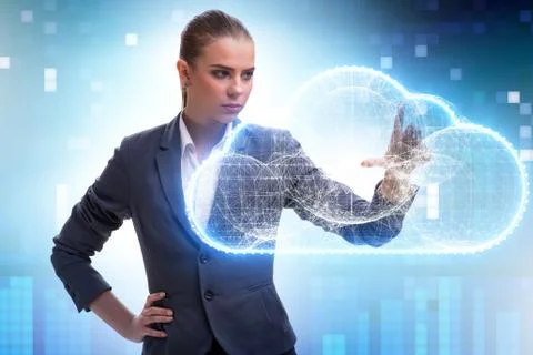Cloud computing concept with woman pressing buttons Stock Photos