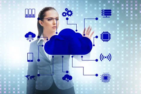 Cloud computing concept with woman pressing buttons 스톡 사진