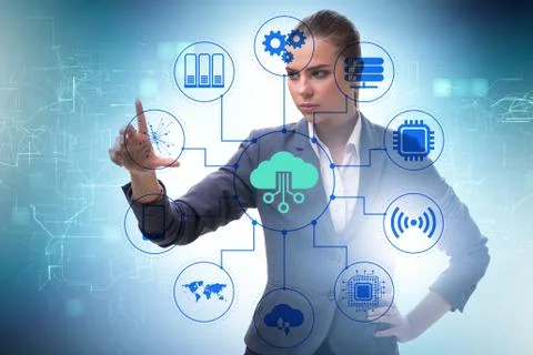 Cloud computing concept with woman pressing buttons Stock Photos