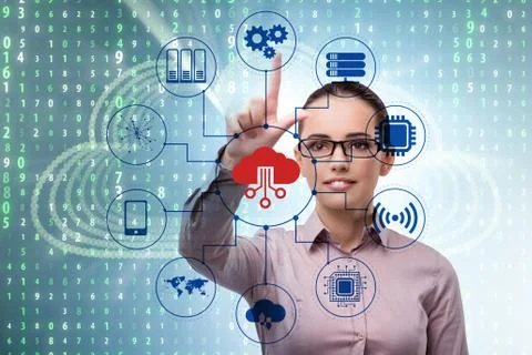 Cloud computing concept with woman pressing buttons 写真素材