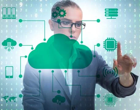 Cloud computing concept with woman pressing buttons 스톡 사진