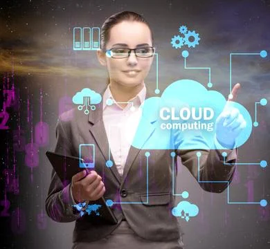 Cloud computing concept with woman pressing buttons Stock Photos