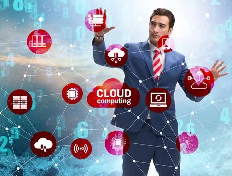 Cloud computing concept with woman pressing buttons 스톡 사진