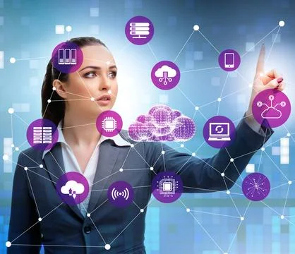 Cloud computing concept with woman pressing buttons Stock Photos