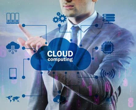 Cloud computing concept with woman pressing buttons Foto stock