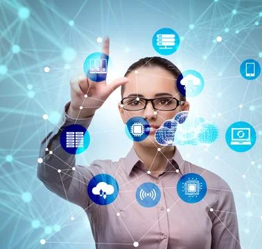 Cloud computing concept with woman pressing buttons Stock Photos