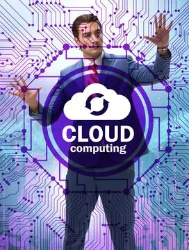 Cloud computing concept with woman pressing buttons 스톡 사진