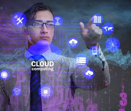 Cloud computing concept with woman pressing buttons Stock Photos