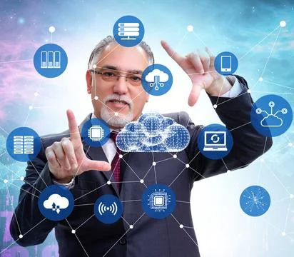 Cloud computing concept with woman pressing buttons Stock Photos