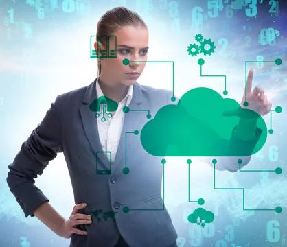 Cloud computing concept with woman pressing buttons 스톡 사진