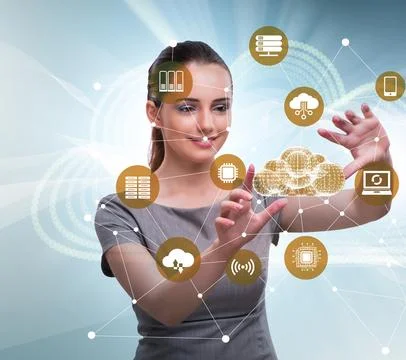 Cloud computing concept with woman pressing buttons Stock Photos