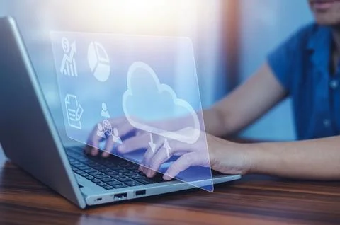 Cloud computing concept, woman using computer login Cloud computing concept.. 스톡 사진