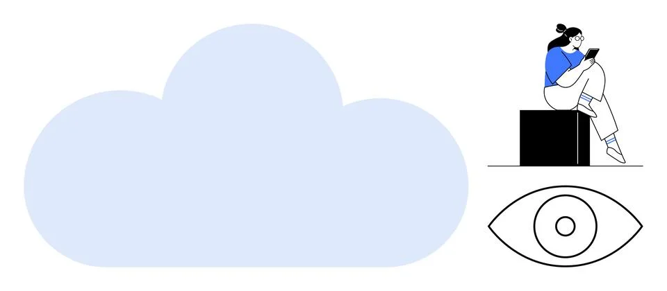 Cloud computing concept with woman working on a tablet and a large eye symb.. Illustrazione stock