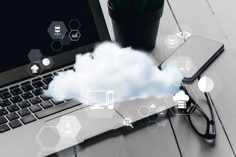 Cloud computing concepts and tools for business management with laptop and Stock Photos