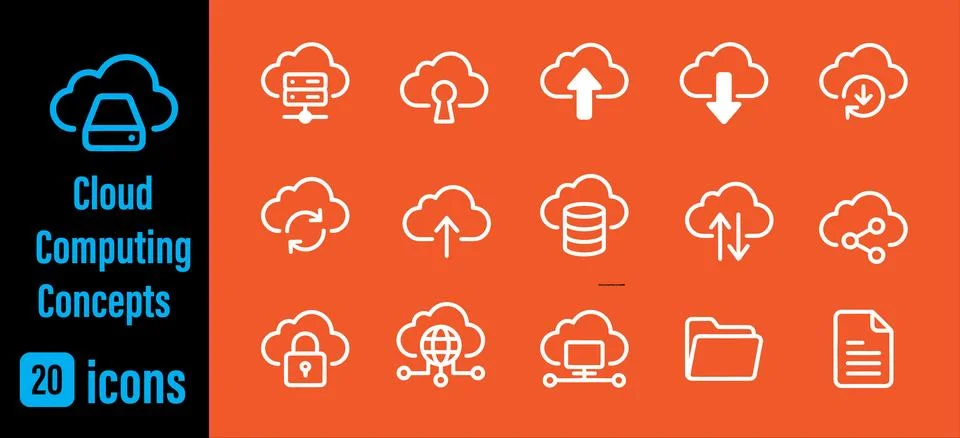 Cloud computing concepts icon set with white linear symbols on orange backg.. イラスト素材