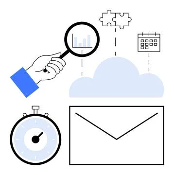 Cloud Computing Concepts with Magnifying Glass, Puzzle Pieces, Calendar, St.. 스톡 일러스트