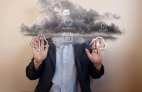 Cloud computing conceptual image. Uploads and downloads. Stock Photos