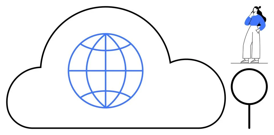 Cloud Computing Connected Globally with a Contemplative Woman and Magnifyin.. 스톡 일러스트