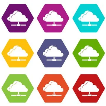 Cloud computing connection icon set color hexahedron Illustrazione stock