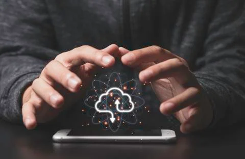 Cloud computing copyright concept, Two hand protect virtual cloud computing Stock Photos