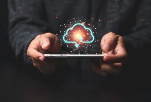 Cloud computing copyright concept, Two hand holding smartphone Stock Photos