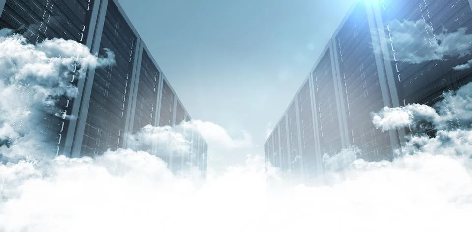 Cloud computing corridor is being shown in 3D render, with server racks, clouds Illustrazione stock