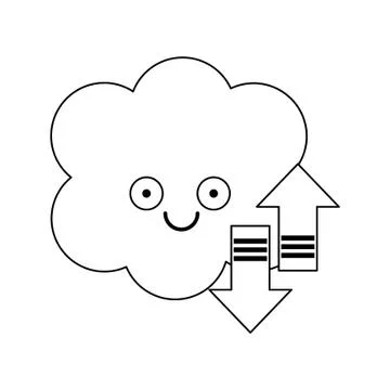 Cloud computing cute cartoon in black and white Stock Illustration