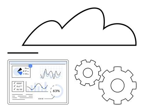 Cloud computing with data analytics and machine settings highlighted by gra.. Illustrazione stock