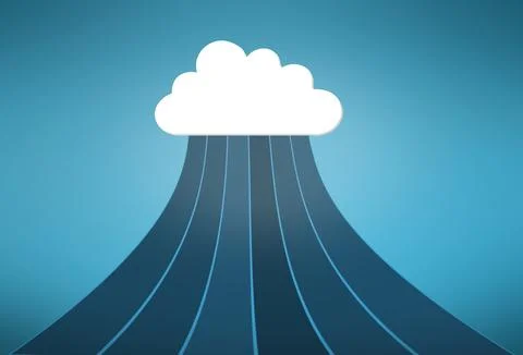 Cloud computing, data and path with graphic, icon and sign for streaming on blue Stock Illustration