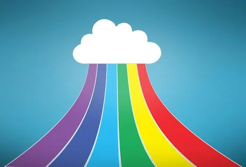 Cloud computing, data and streaming for upload with sign, rainbow and art Stock Illustration