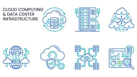 Cloud computing data center and infrastructure linear icon set with computing Stock Illustration