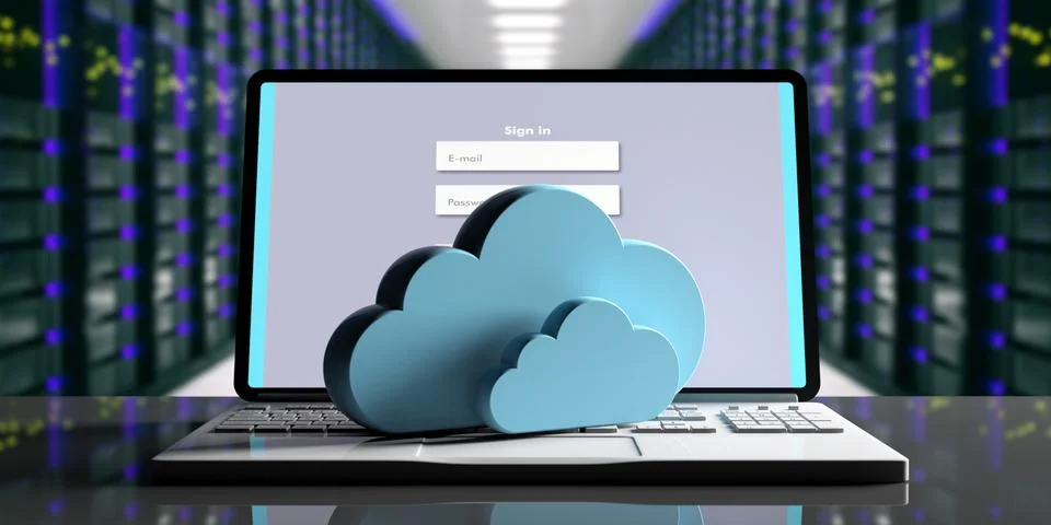 Cloud computing data center. Storage cloud on a computer, blur data center ba Stock Illustration