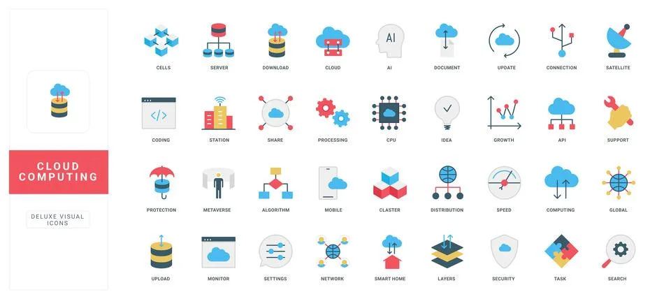 Cloud computing, data center system and network infrastructure, code color icon 스톡 일러스트