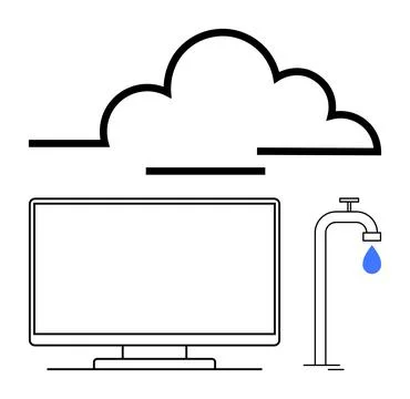 Cloud Computing Data Flow from Cloud to Computer with Water Faucet Metaphor Stock Illustration