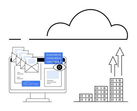 Cloud Computing Data Management Concept with Email, Binary Code, and Graphs イラスト素材