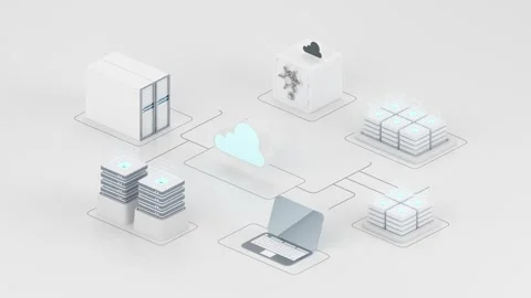 Cloud computing data network concept with isometric server racks and laptop.. Video stock 332315242
