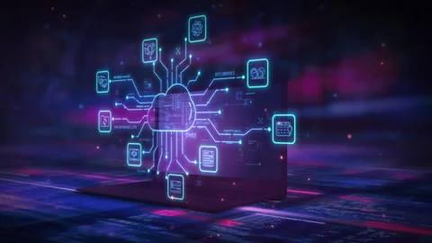 Cloud computing data network connecting laptop with various services Stock Footage 325154600