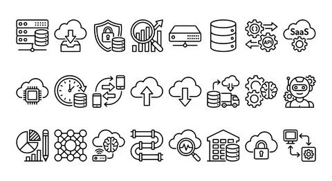 Cloud Computing Data Security AI SaaS and Infrastructure Line Icon Set Stock Illustration