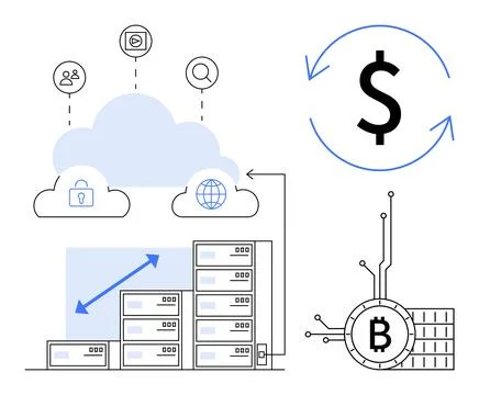 Cloud Computing, Data Security, and Cryptocurrency in Modern Financial System Illustrazione stock