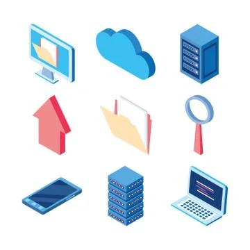 Cloud computing data server smartphone folder analysis upload technology Stock Illustration