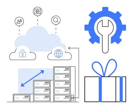 Cloud computing with data servers, icons for user access, analytics, cybersec 스톡 일러스트