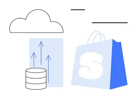 Cloud Computing with Data Storage and Online Shopping Bag in Minimalist Desig Stock Illustration